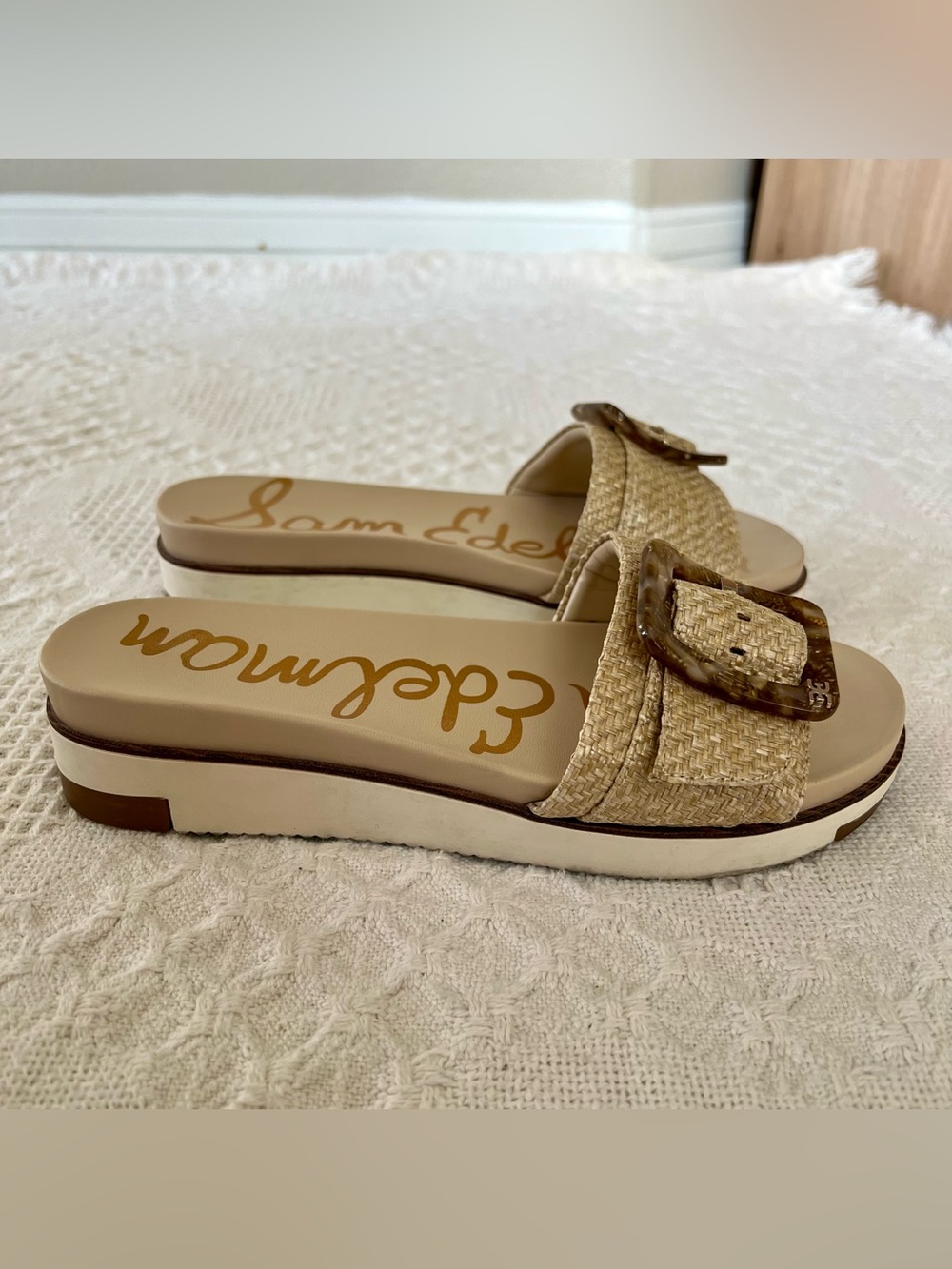Sam Edelman Ariane Wedge Sandals Raffia Oversized Tortoise Shell Buckle Size 8 - Picture 7 of 15